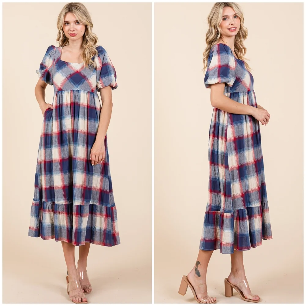 POLAGRAM Plaid Pattern Short Sleeves Midi Dress - Picture 8 of 11